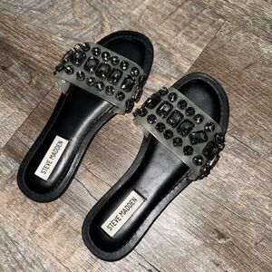 Steve Madden Black Jeweled Slide Mules with Smoke Gem Strap